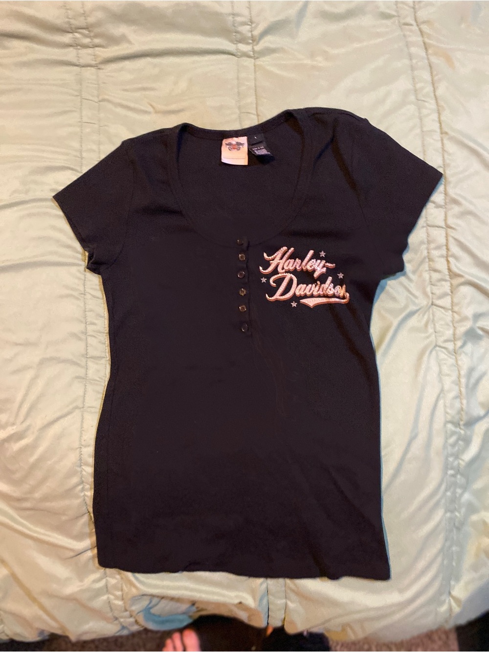 Harley-Davidson Black Short Sleeve Henley with White Script Logo